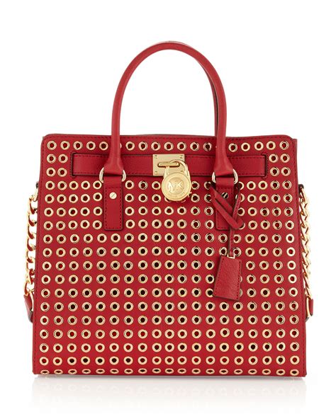 michael kors red hamilton tote bag|Michael Kors Hamilton studded tote.